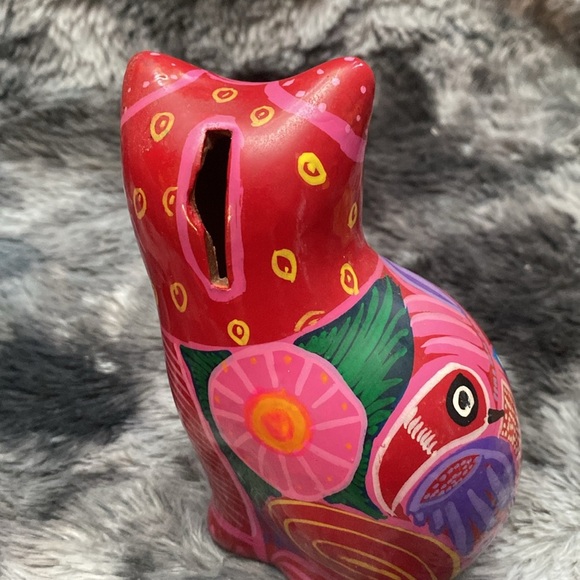 Folk Art Yellow Hand Painted Clay 
Cat Piggy Bank Floral Coin Bank - Picture 10 of 15